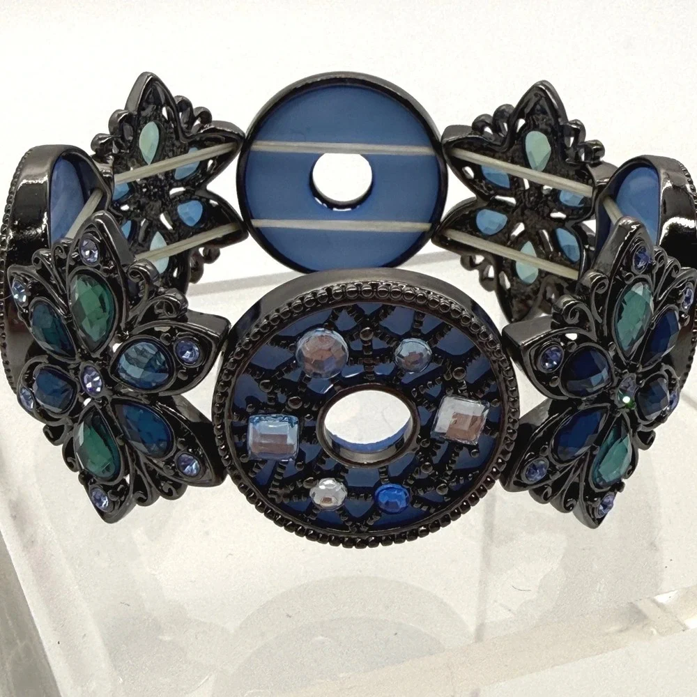 Blue Rhinestone Stretch Bracelet Black Tone Statement Floral Disc Link Boho Glam